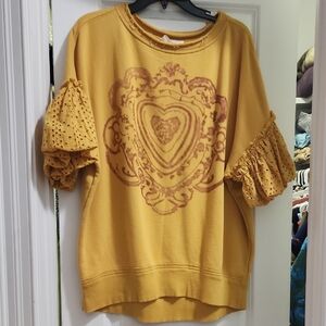Free People Mustard Sweatshirt with Heart Designree and Lace Balloon Sleeves